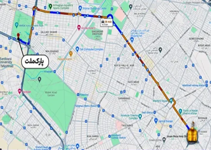 فاصله پارک ملت مشهد تا حرم