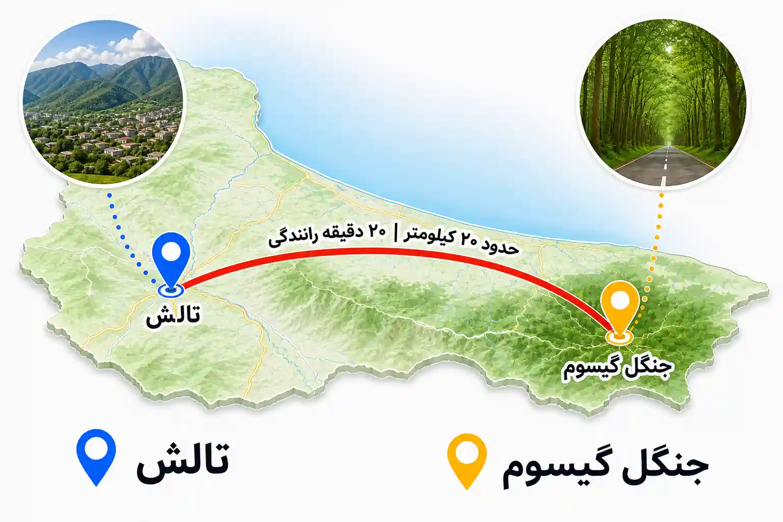 مسیر از تالش تا جنگل گیسوم رشت