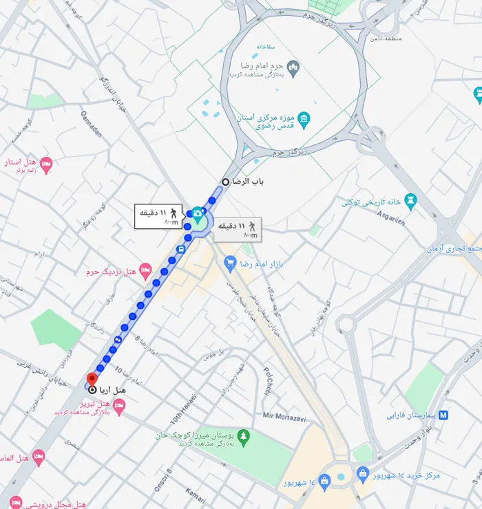 مسیر خیابان حنایی مشهد